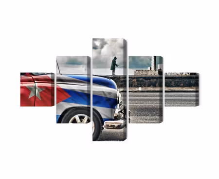 Canvastavla - Multipart a Car with a Cuban Flag