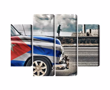 Canvastavla - Multipart a Car with a Cuban Flag