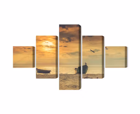 Canvastavla - Multipart Boats on the Beach At