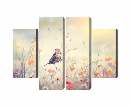 Canvastavla - Multipart a Bird Among Wild Flowers