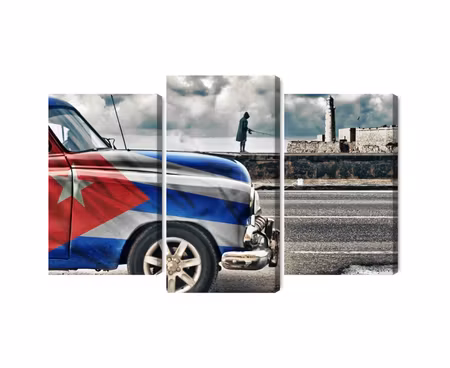 Canvastavla - Multipart a Car with a Cuban Flag
