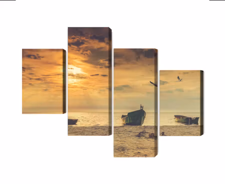 Canvastavla - Multipart Boats on the Beach At