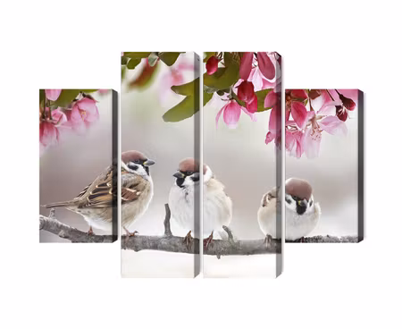Canvastavla - Multipart Sparrows Among Flowers