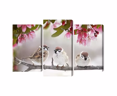 Canvastavla - Multipart Sparrows Among Flowers