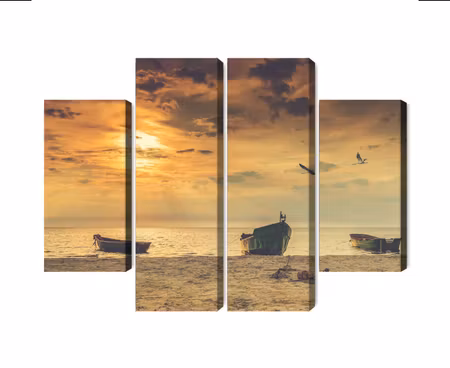 Canvastavla - Multipart Boats on the Beach At