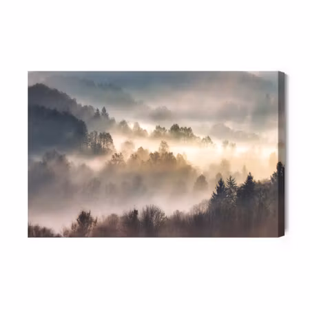 Canvastavla - Mist in Forest with Sunbeam Rays