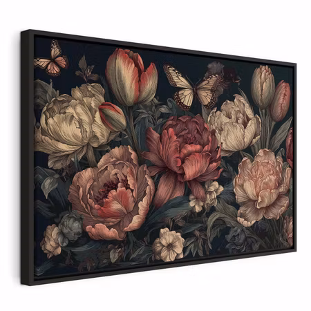 Canvastavla med ram - Flowers on a turquoise