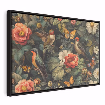 Canvastavla med ram - Flowers birds and