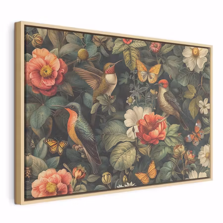 Canvastavla med ram - Flowers birds and