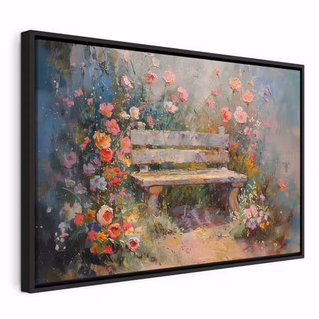 Canvastavla med ram - Flowery bench impressionist