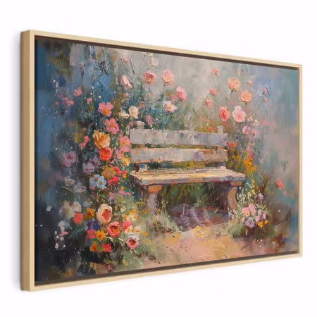 Canvastavla med ram - Flowery bench impressionist