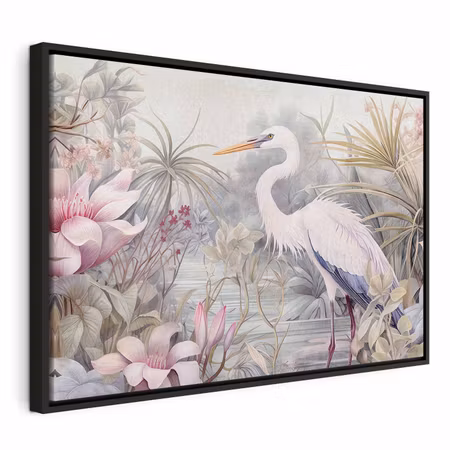 Canvastavla med ram - Heron wading in a pond
