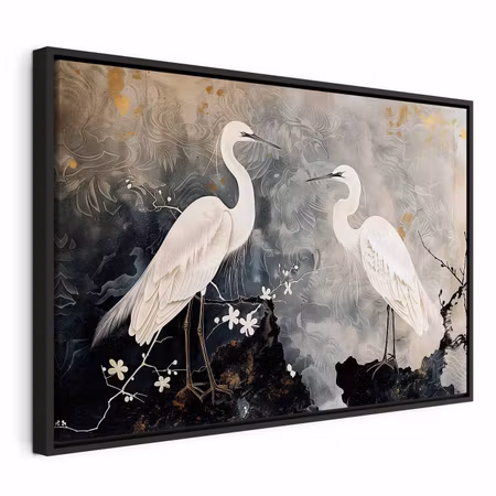 Canvastavla med ram - Herons and cherry blossoms