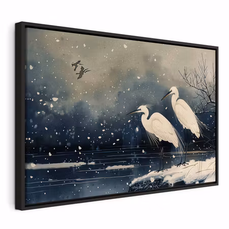 Canvastavla med ram - Herons over a winter pond