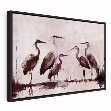 Canvastavla med ram - Herons painted with ink