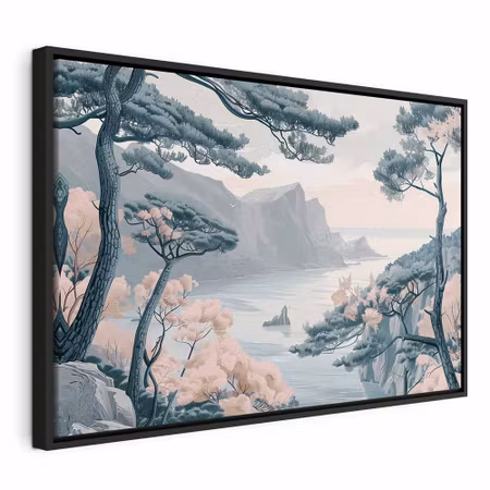 Canvastavla med ram - Mountainous coast with trees