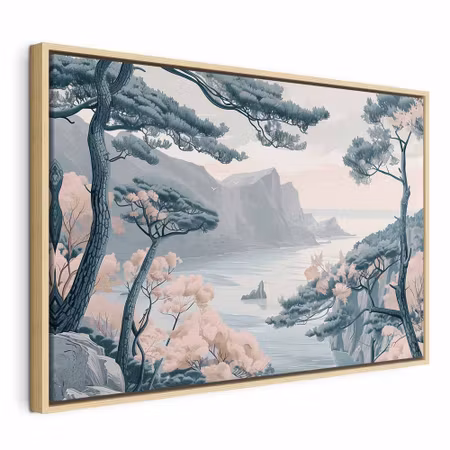 Canvastavla med ram - Mountainous coast with trees