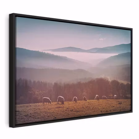 Canvastavla med ram - Sheep in mountain landscape