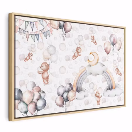 Canvastavla med ram - Toy bears with balloons