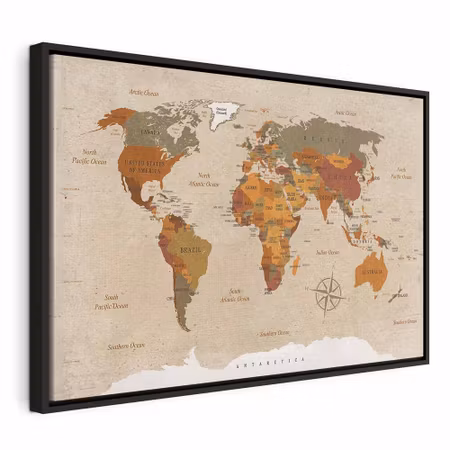 Canvastavla med ram - World map beige chic