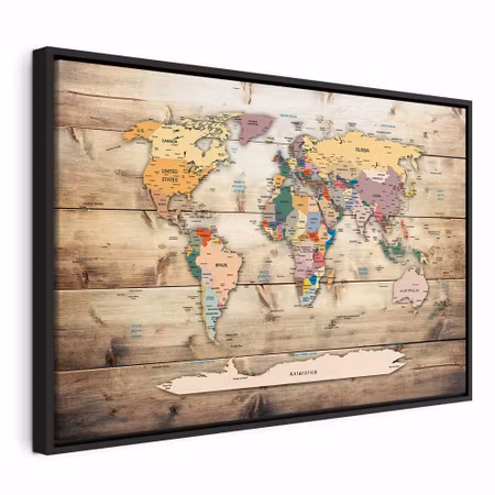 Canvastavla med ram - World map colourful