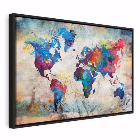 Canvastavla med ram - World map colourful madness