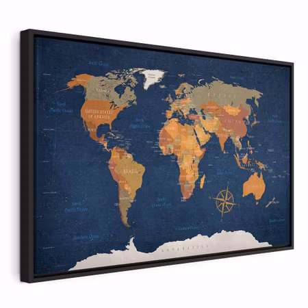 Canvastavla med ram - World map ink oceans
