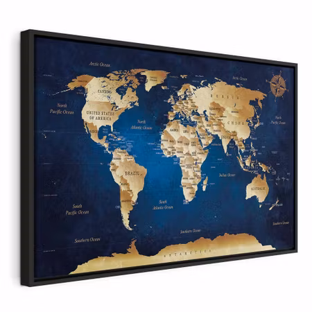Canvastavla med ram - World map the dark blue