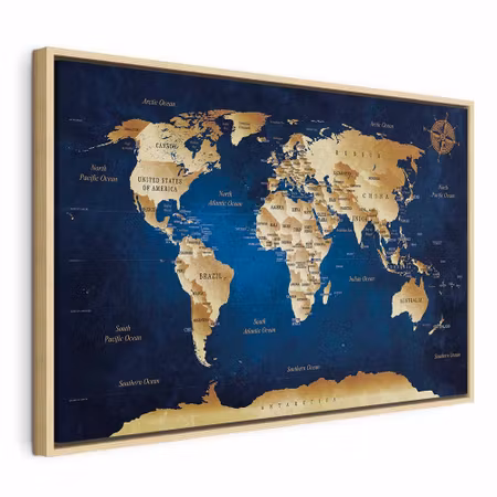 Canvastavla med ram - World map the dark blue
