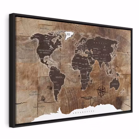 Canvastavla med ram - World map wooden mosaic