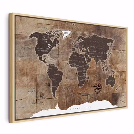 Canvastavla med ram - World map wooden mosaic