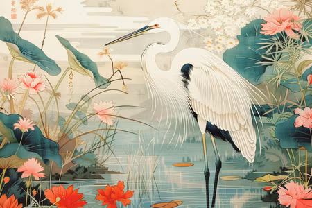 Canvastavla - By an asian pond an illustration in