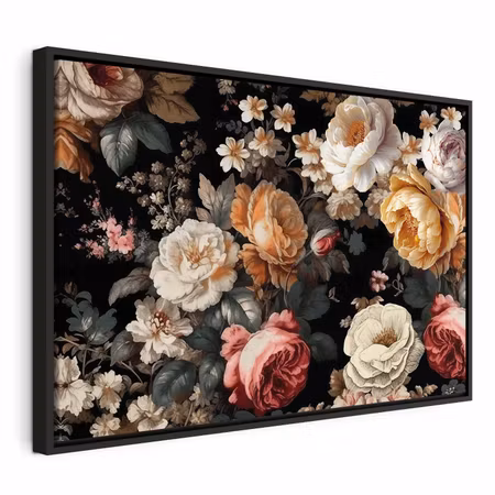 Canvastavla med ram - Colourful flowers on a black