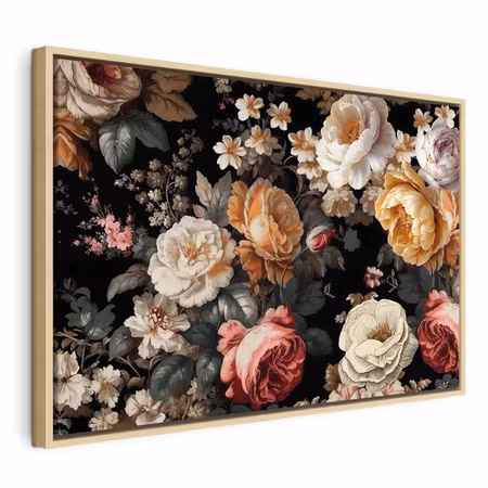 Canvastavla med ram - Colourful flowers on a black