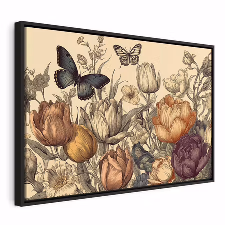 Canvastavla med ram - Colourful tulips on a cream