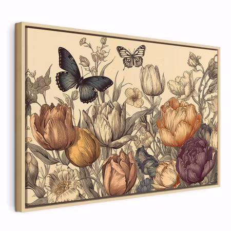 Canvastavla med ram - Colourful tulips on a cream