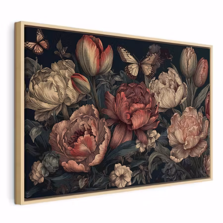 Canvastavla med ram - Flowers on a turquoise