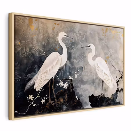 Canvastavla med ram - Herons and cherry blossoms