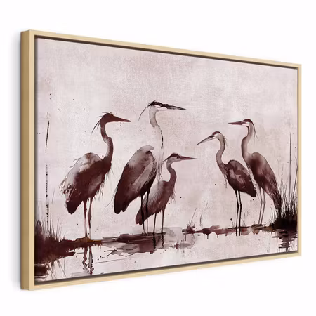 Canvastavla med ram - Herons painted with ink