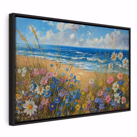 Canvastavla med ram - Seascape wildflowers and a