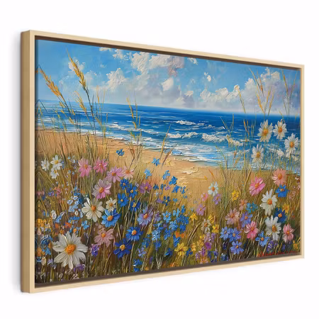Canvastavla med ram - Seascape wildflowers and a