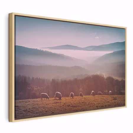 Canvastavla med ram - Sheep in mountain landscape