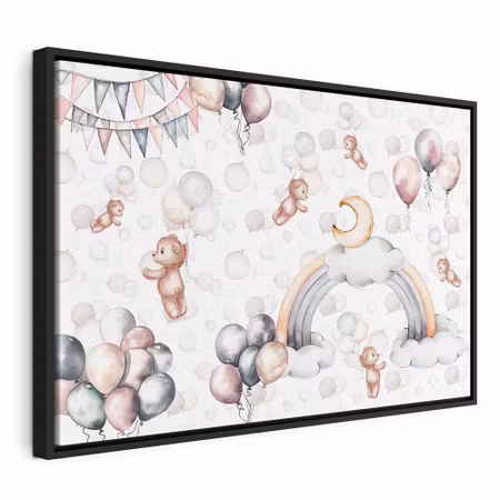 Canvastavla med ram - Toy bears with balloons