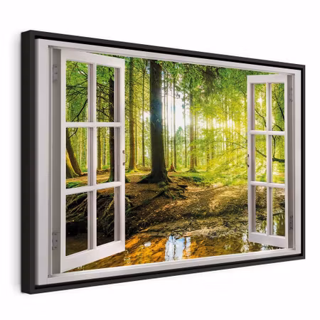 Canvastavla med ram - Window view on forest