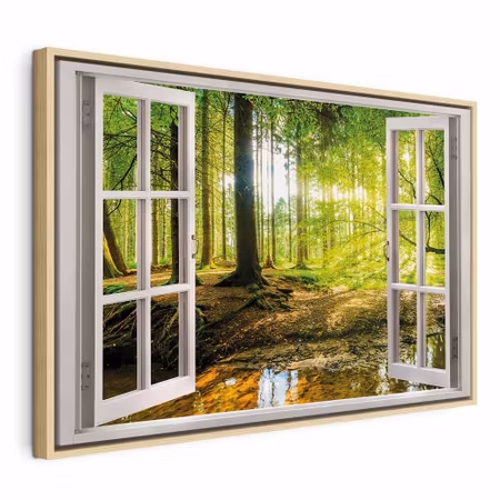 Canvastavla med ram - Window view on forest