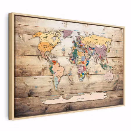 Canvastavla med ram - World map colourful