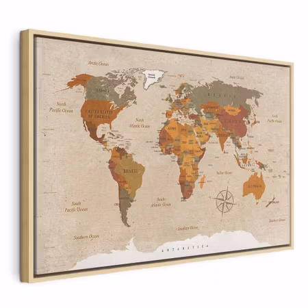 Canvastavla med ram - World map beige chic