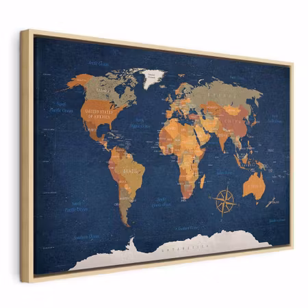 Canvastavla med ram - World map ink oceans