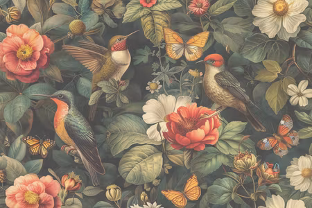 Canvastavla - Flowers birds and butterflies style