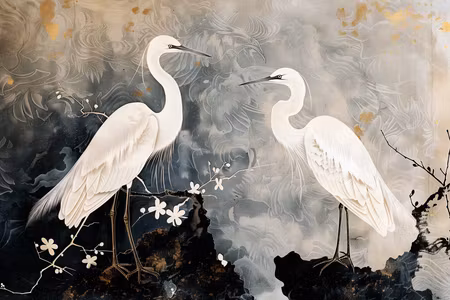 Premium canvastavla - Herons and cherry blossoms -